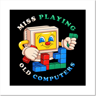 Miss playing old computer, old computer playing tetris Posters and Art